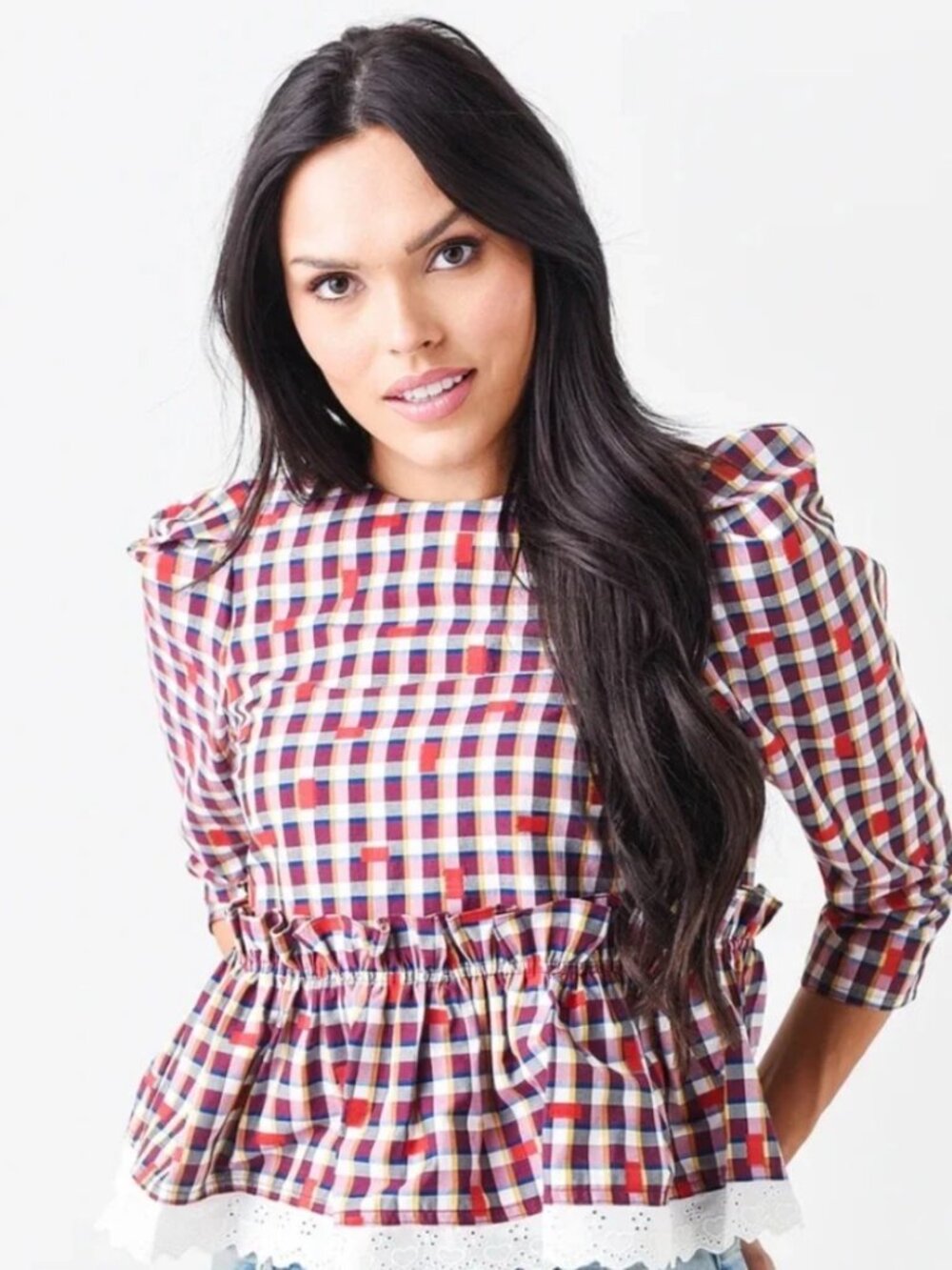Hunter Bell Delilah Plaid Peplum Eyelet Lace Trim Top Blouse XS